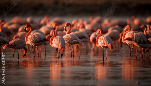 Group of pink flamingos standing in a row by the pond generated by AI