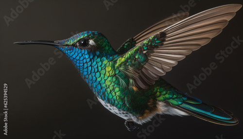 Hummingbird hovering, iridescent feathers, multi colored, spread wings, close up beauty generated by AI