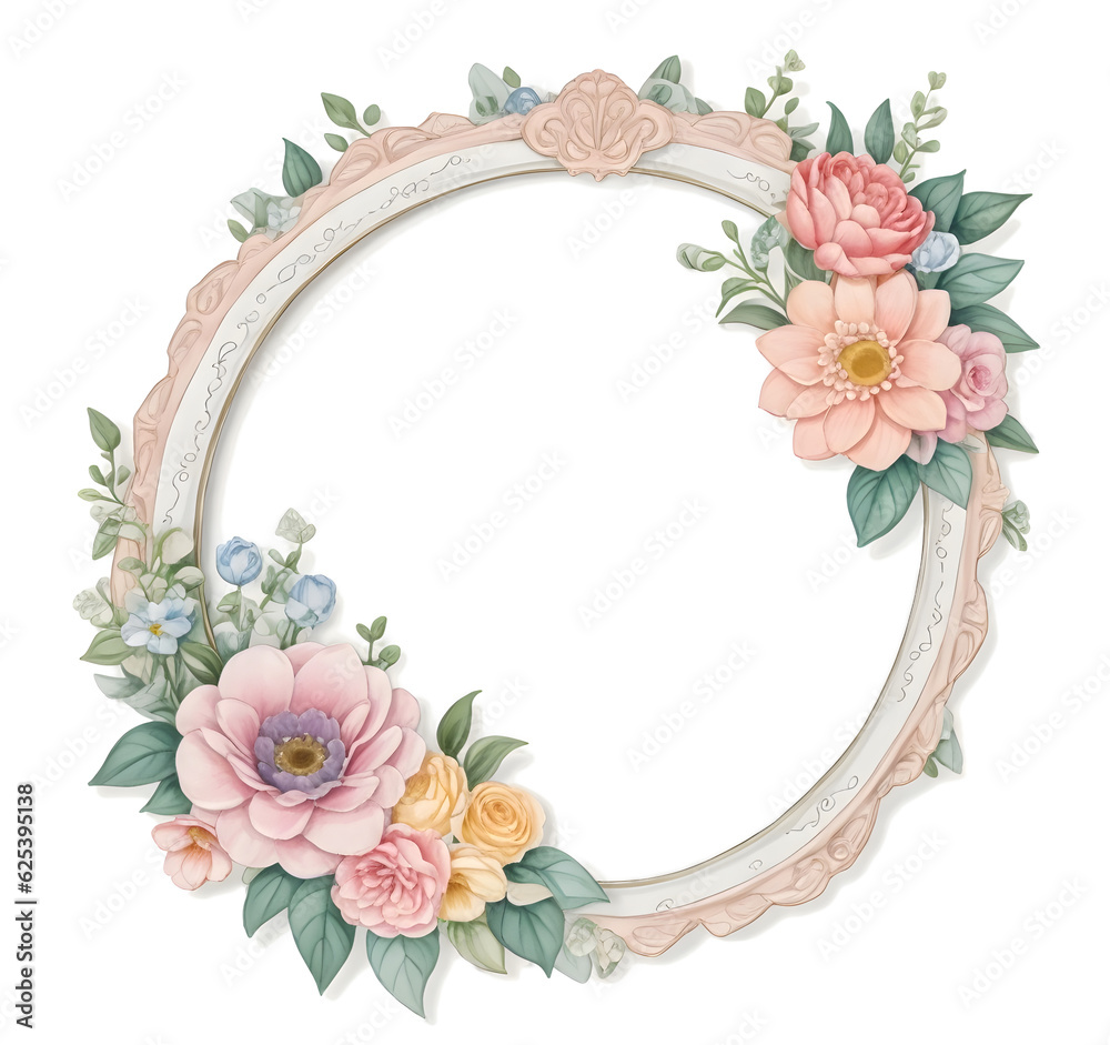 Watercolor Flower and bloom circle frame border on transparent background,generative ai