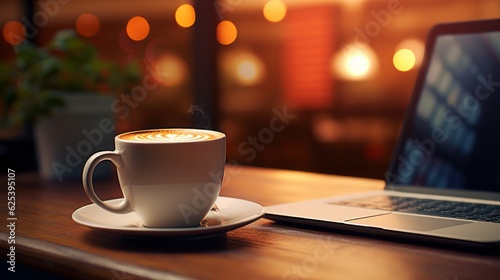 A cup of coffee on the table with a laptop beside it.