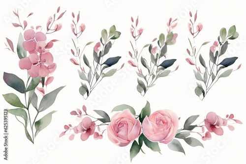 set of Watercolor floral frame border with pink rose