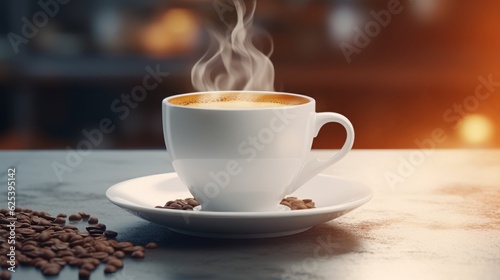 Steaming hot coffee in a white cup .