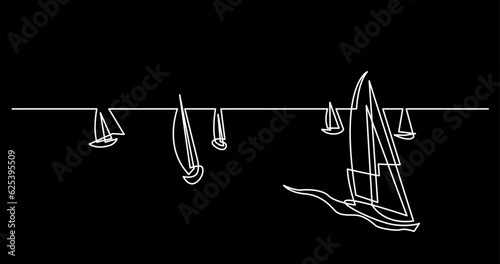 continuous line drawing vector illustration with FULLY EDITABLE STROKE of yacht sailing boats ships on sea ocean black background © OneLineStock