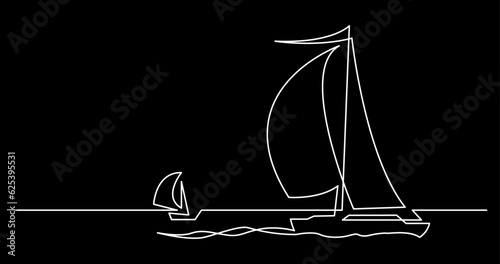 continuous line drawing vector illustration with FULLY EDITABLE STROKE of yacht sailing boats ships on sea ocean black background