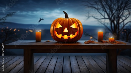 Halloween with a haunting Jack O Lantern featuring an evil expression and piercing eyes, on wooden bench