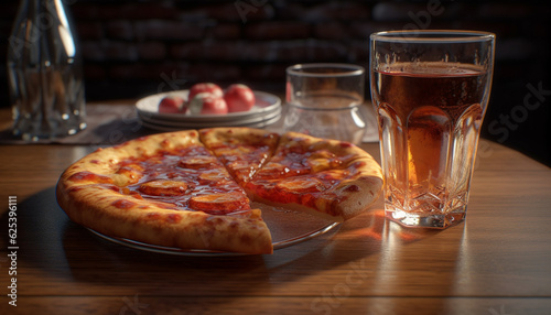 Rustic pizzeria serves fresh, gourmet pizza with meat and vegetables generated by AI