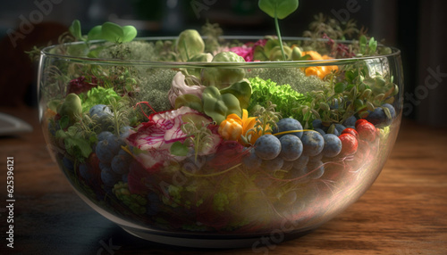 Fresh organic salad bowl with ripe vegetables and gourmet variation generated by AI