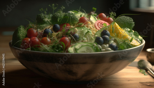 Fresh organic salad bowl with ripe tomato and cucumber slices generated by AI