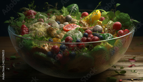 Fresh organic salad bowl with ripe fruit and vegetable variation generated by AI