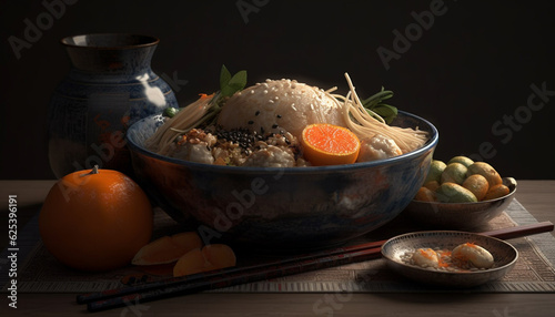 Fresh vegetarian meal on rustic wood table with healthy ingredients generated by AI