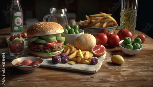 Freshness on the table  Grilled gourmet burger with cheese and fries generated by AI