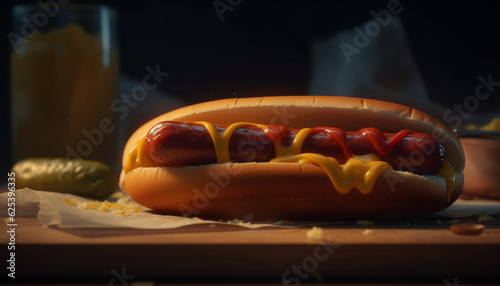 Grilled hot dog on bun, a summer snack at picnic generated by AI
