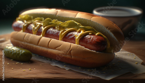 Grilled beef hot dog on fresh bun, with ketchup and onion generated by AI