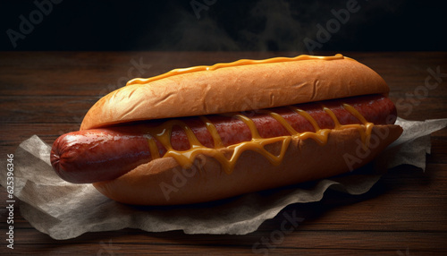 Grilled hot dog on rustic wood table with ketchup and onion generated by AI