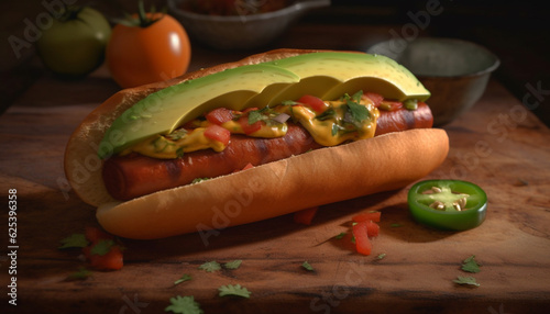 Grilled beef sandwich with hot dog and fresh tomato on bun generated by AI