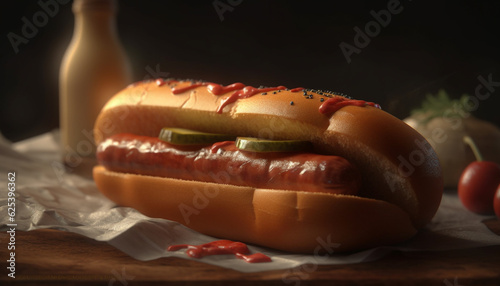 Grilled beef hot dog on bun with ketchup and onion generated by AI
