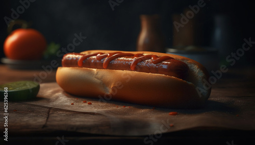 Grilled beef hot dog on rustic table with ketchup snack generated by AI