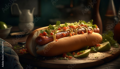 Grilled meat sandwich with fresh vegetables and homemade ketchup sauce generated by AI