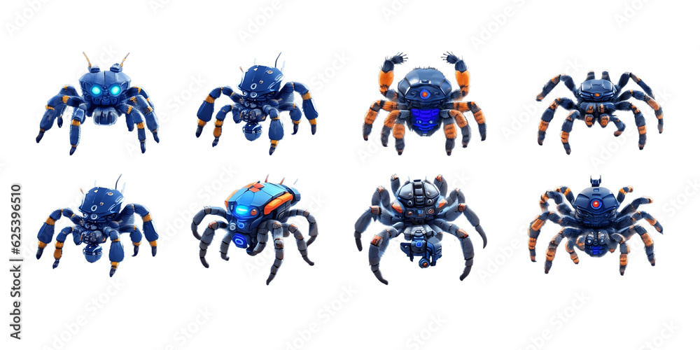 Set of colorful tarantula robots with glowing eyes. Robot spider collection