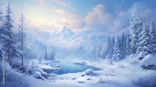 Beautiful Winter Wallpaper. Snowy Landscape Backdrop Illustration. Generative AI. © Tuyres
