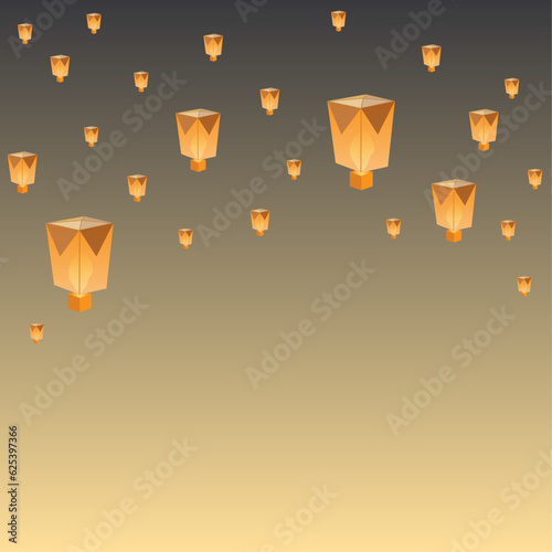 Greeting card background with festive flying yellow paper lanterns with burning fire inside. Vector illustration for Indian holiday Diwali. Air flickering lamps in the dark night sky.