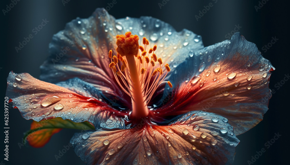 Obraz premium Vibrant hibiscus blossom in tropical climate, adorned with raindrop dew generated by AI