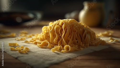 Healthy Italian pasta meal on rustic wooden table, homemade and organic generated by AI