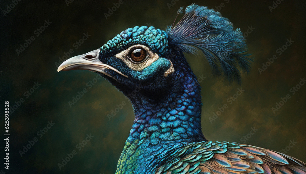 Obraz premium Vibrant peacock portrait showcases elegance and beauty in nature generated by AI