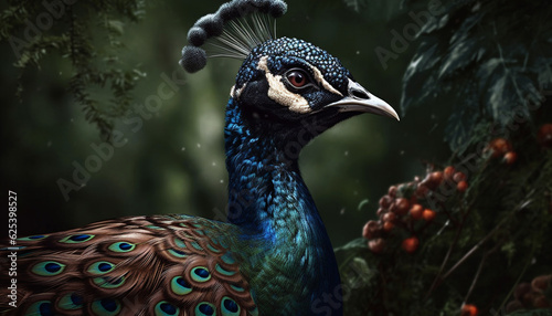 Majestic peacock displays vibrant colors in natural forest portrait generated by AI