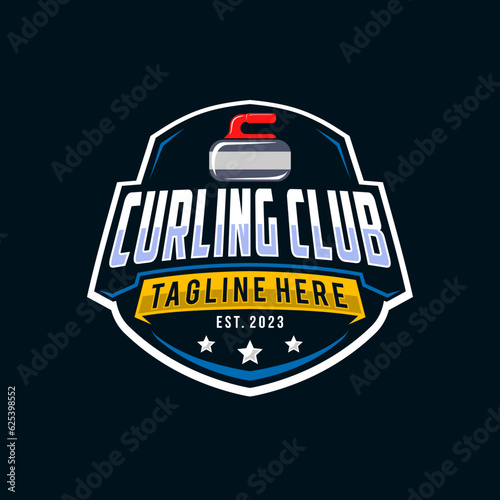 Logo for curling sport team. Curling sport with stone, competition badge and label, vector illustration