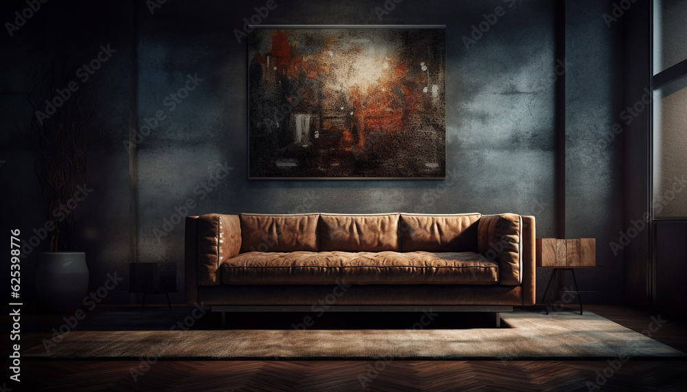 Modern elegance inside a digitally generated loft apartment with leather armchair generated by AI Modern elegance inside a digitally generated loft apartment with leather armchair generated by AI