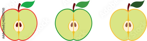 Apples. Set of red, green, bitten and half of fruit with leaf. Vector illustration. Isolated