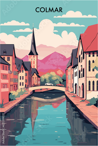 France Colmar village canal view landscape brochure. Abstract buildings and bridge beautiful vector flat poster of Alsace region 