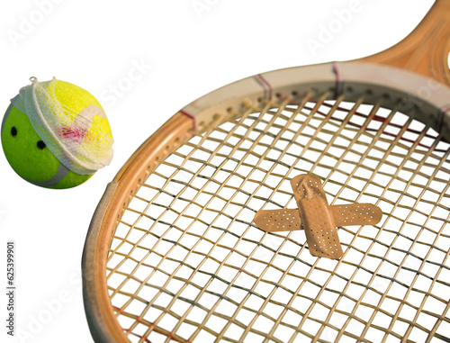 Digital png photo of tennis ball and racket with patch on transparent background