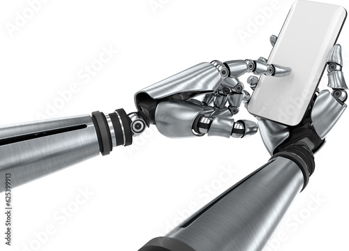 Digital png illustration of robotic hand using smartphone with copy space on transparent background