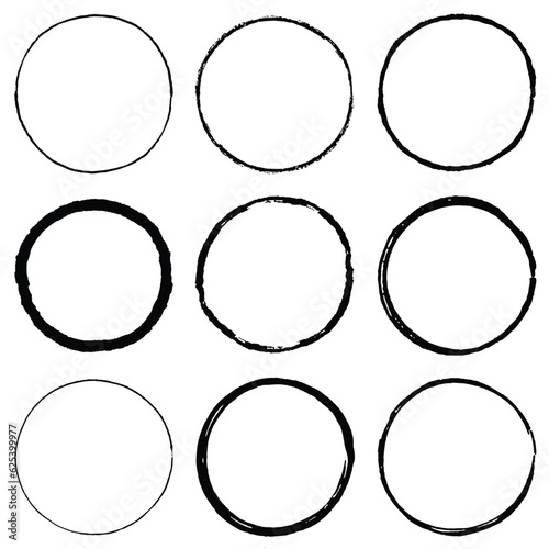 Vector ink round frames. Circle label for image. Grunge black borders, isolated on the background. Hand draw template