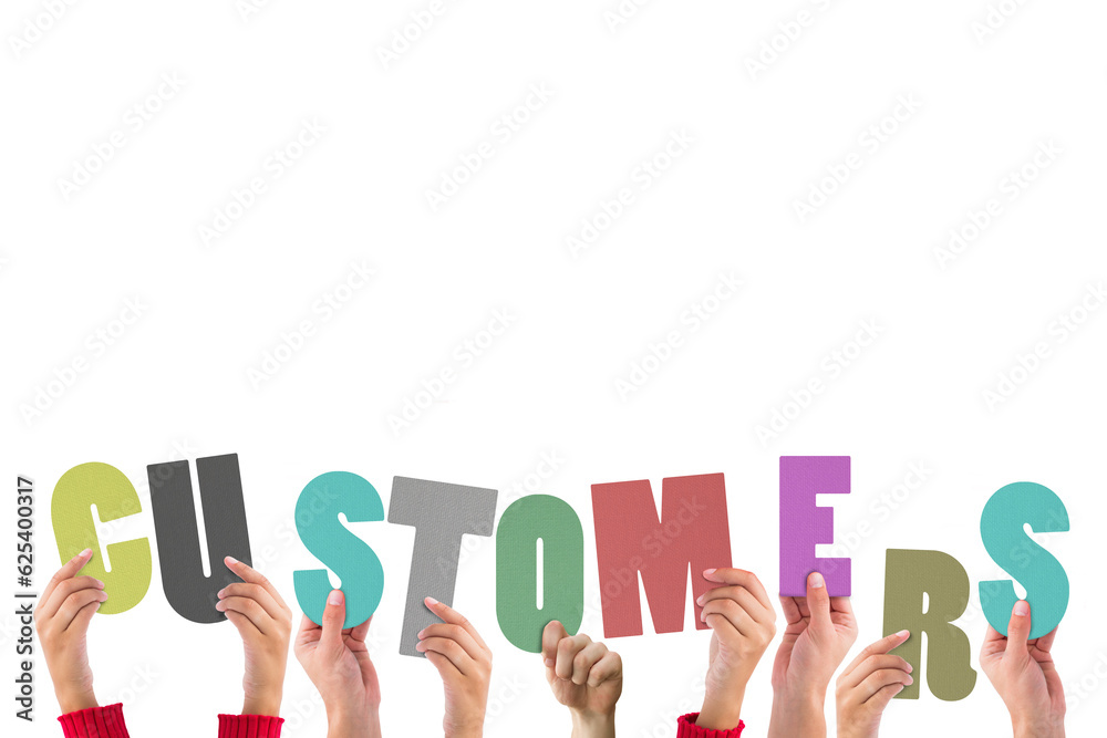 Digital png illustration of hands with customers text on transparent background Digital png illustration of hands with customers text on transparent background