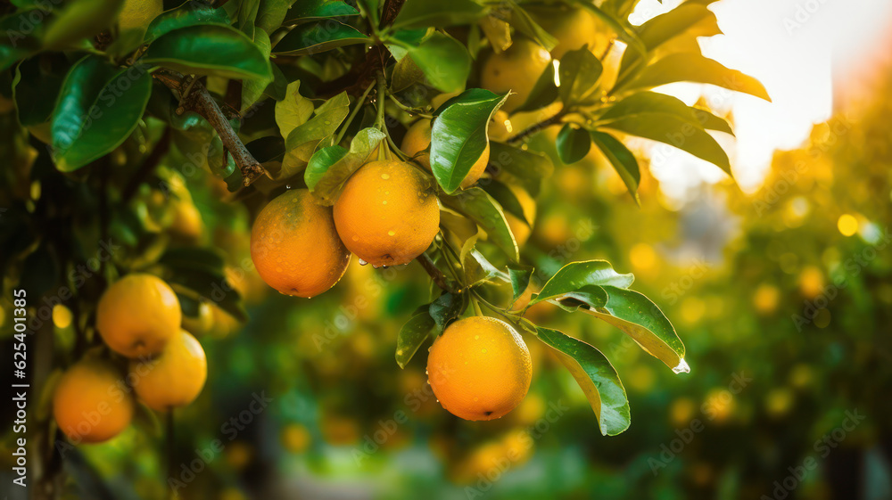 Fresh oranges on a tree, Freshly grown oranges on a farm, AI generated Fresh oranges on a tree, Freshly grown oranges on a farm, AI generated
