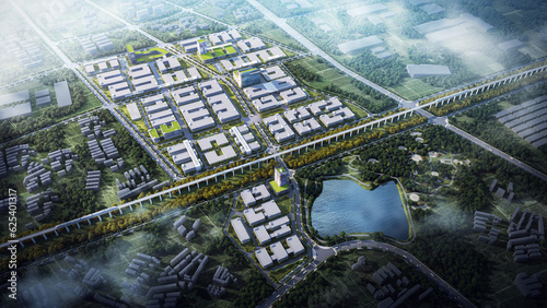 Photography A set of captivating aerial renderings showcasing the industrial park from different perspectives, providing a bird's-eye view of the dynamic and bustling industrial landscape
