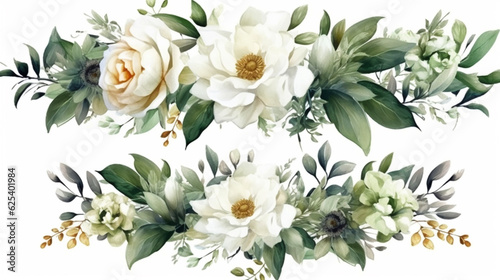 Watercolor floral set - bouquets, frame, border. White flowers, rose, peony, gold green leaf branches collection. Wedding invites, wallpapers, fashion. olive leaves chamomile, Generative AI.