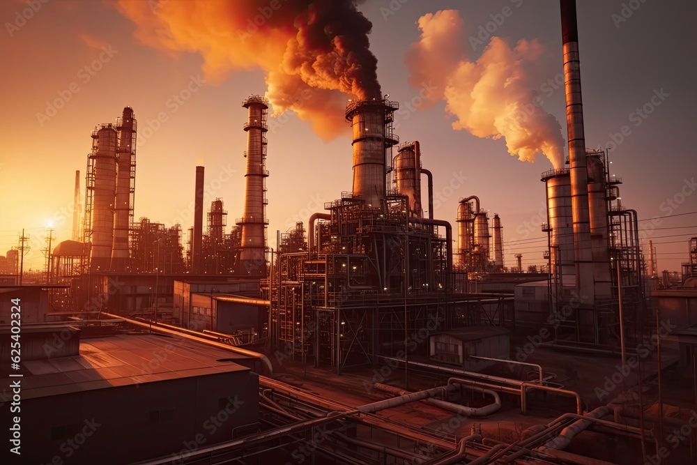 Industrial chimneys in the evening light, global warming, toxic air at sunset. industry. Generative Ai