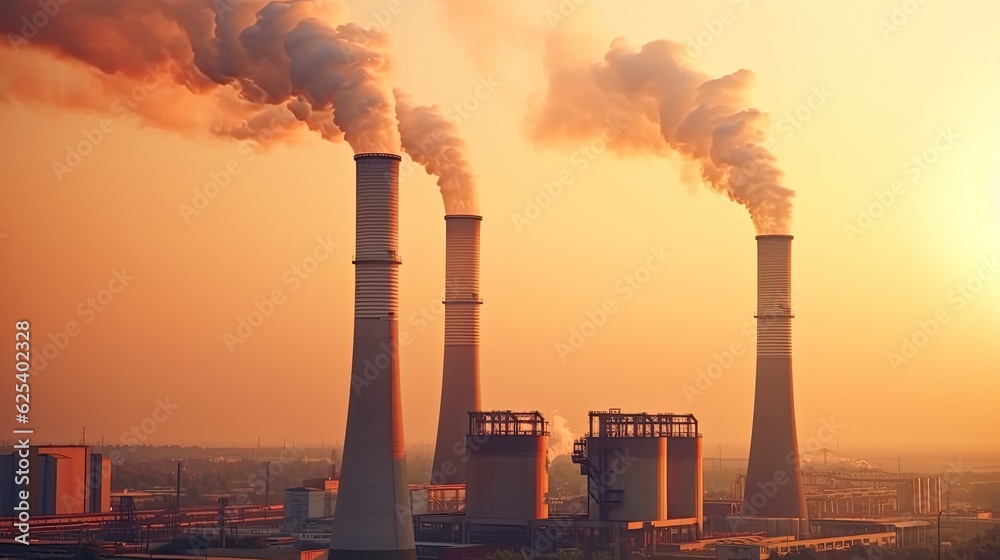 Industrial chimneys in the evening light, global warming, toxic air at sunset. industry. Generative Ai
