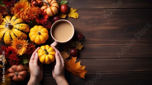 Happy Thanksgiving Day Background with Pumpkins and Autumn Leaves. Generative Ai photo