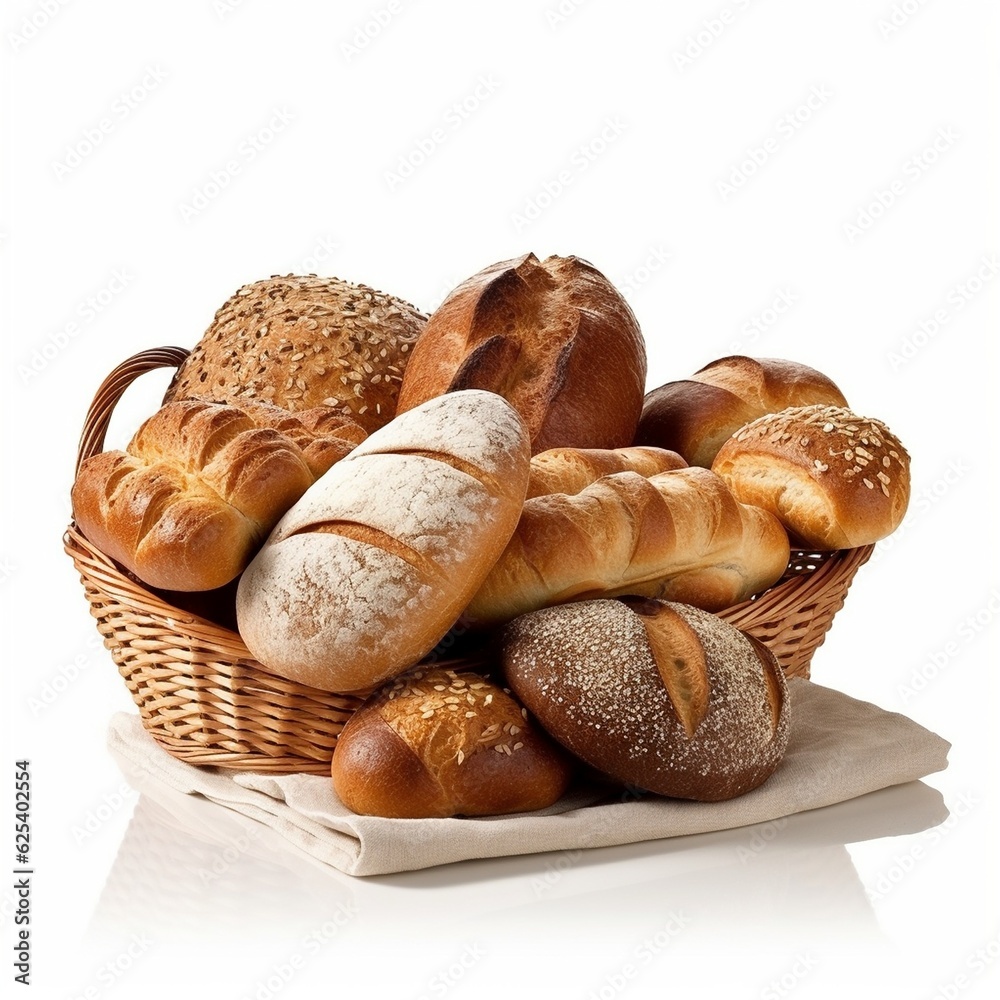 Different sorts of bread on white background