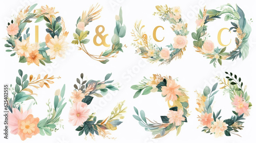 Whole Gold Green Floral Alphabet Set Collection with peach pink white gold blue yellow botanic flower branch bouquets composition. Wedding invitations, baby shower, birthday, Generative AI. © Renuom
