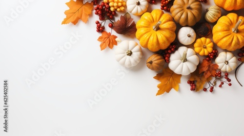 Happy Thanksgiving Day Background with Pumpkins and Autumn Leaves. Generative Ai