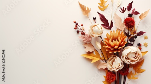 Happy Thanksgiving Day Background, Autumn Flowers Composition. Generative Ai