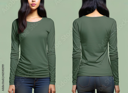 Woman wearing a green T-shirt with long sleeves. Front and back view