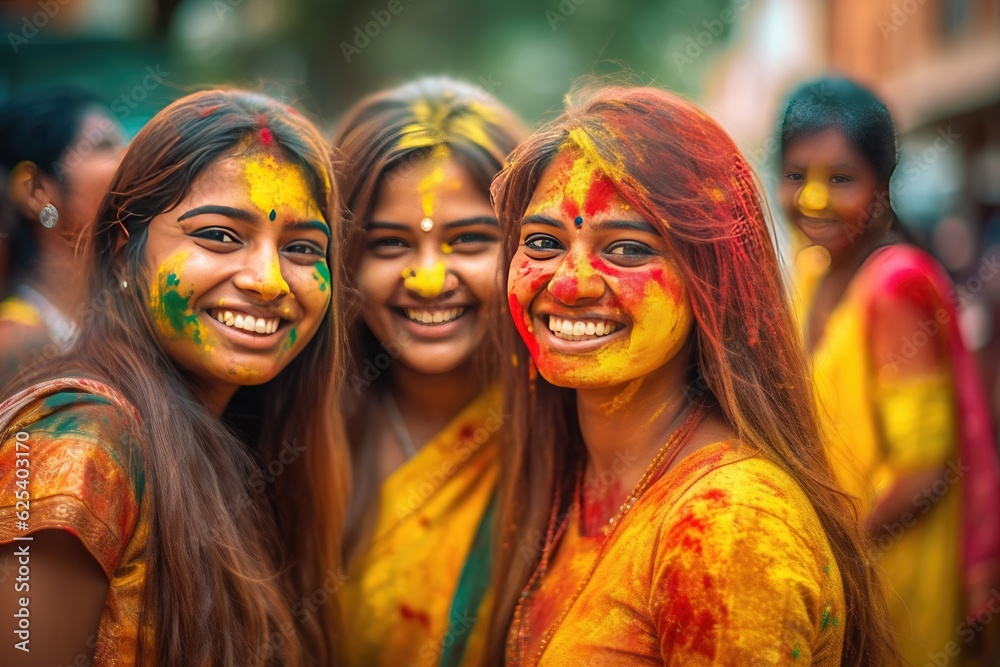 Happy Indian girls celebrate the colorful festival of Holi in India. Generative Ai