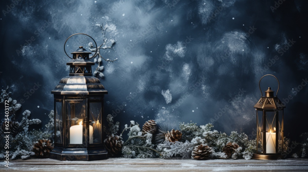 Fototapeta premium A dark blue-grey background template of Christmas lamp and candle.